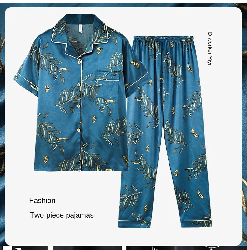 Fashion Summer Autumn 3 Piece Silk Men Pajamas Set Short Sleeve Shorts Oversize Homewear Lapel Collar Loungewear Pijamas for Man