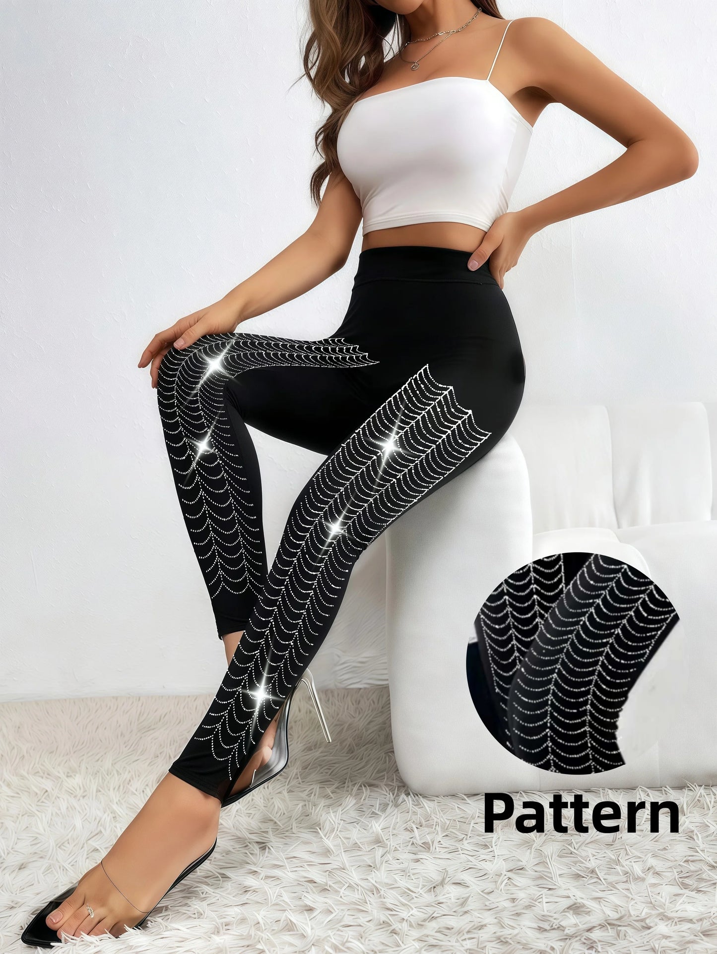 Women's Sparkly Spider Web Rhinestone Embellished Side Glitter Tight Leggings Sexy Club Party Pants