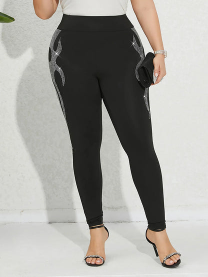 Plus Size Women's Leggings Rhinestone Flame Design Knit Fabric High Elasticity Trousers Comfortable Stylish Female Bottoms