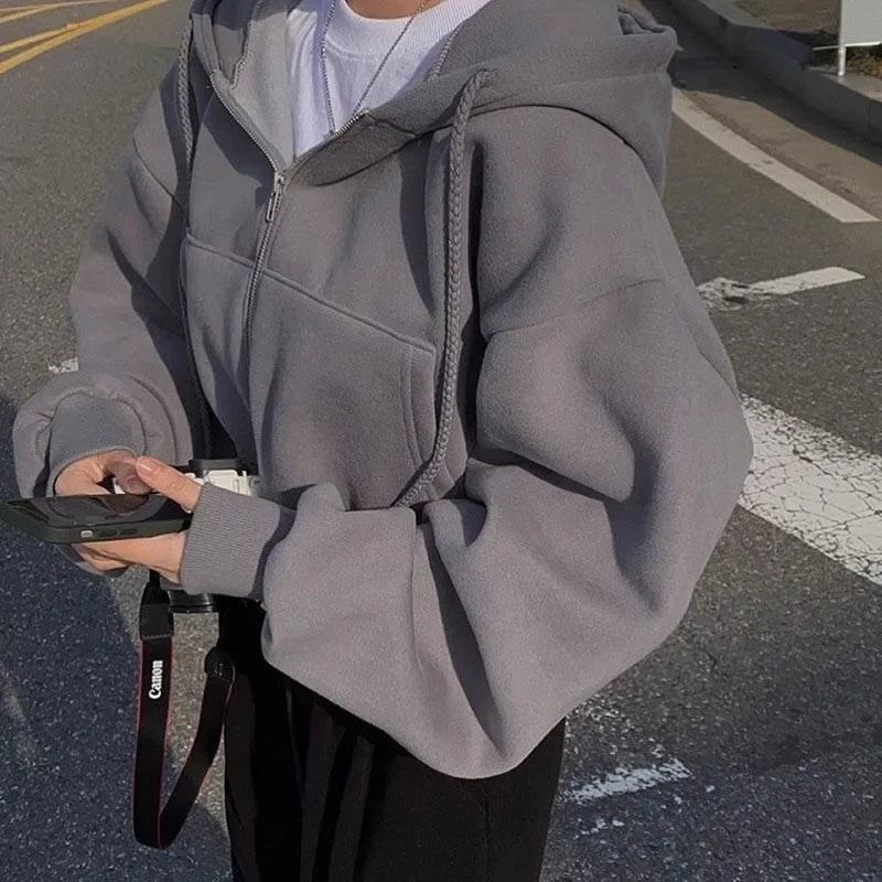 Zippered Long Sleeved Hooded Sweatshirt Loose Casual Simple Trendy Versatile Solid Color Fashionable Lazy Jacket Wholesale