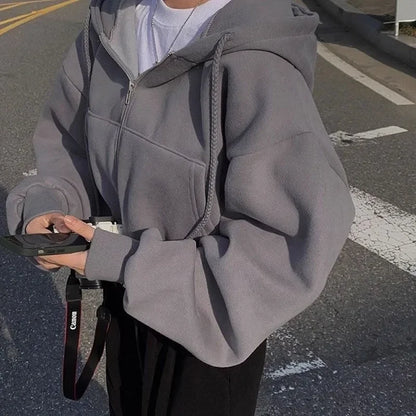 Zippered Long Sleeved Hooded Sweatshirt Loose Casual Simple Trendy Versatile Solid Color Fashionable Lazy Jacket Wholesale