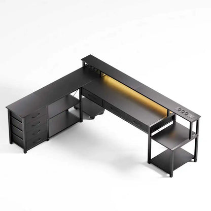 L-Shaped Desk with Led Lighting, Built-In Power Outlet-Usb Port, Monitor Shelf, Many Drawers, Black-White Selectable, Reversible Gaming Home Desk