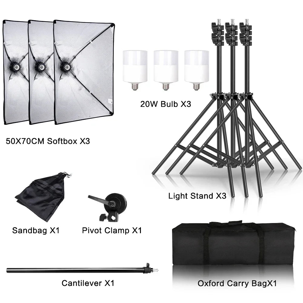 SH 1pc-3Pcs Photography 50x70CM Softbox Lighting Kits Professional Light System With E27 Photographic Bulbs Photo Studio