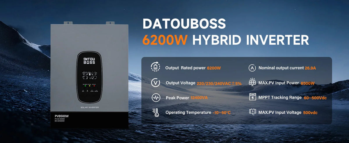 DATOUBOSS Solhybridinverter Ren Sinusvåg – 1,8kW 12V / 3kW 24V / 6,2kW 48V till 220V, Parallellanslutning, EU-lager Polen