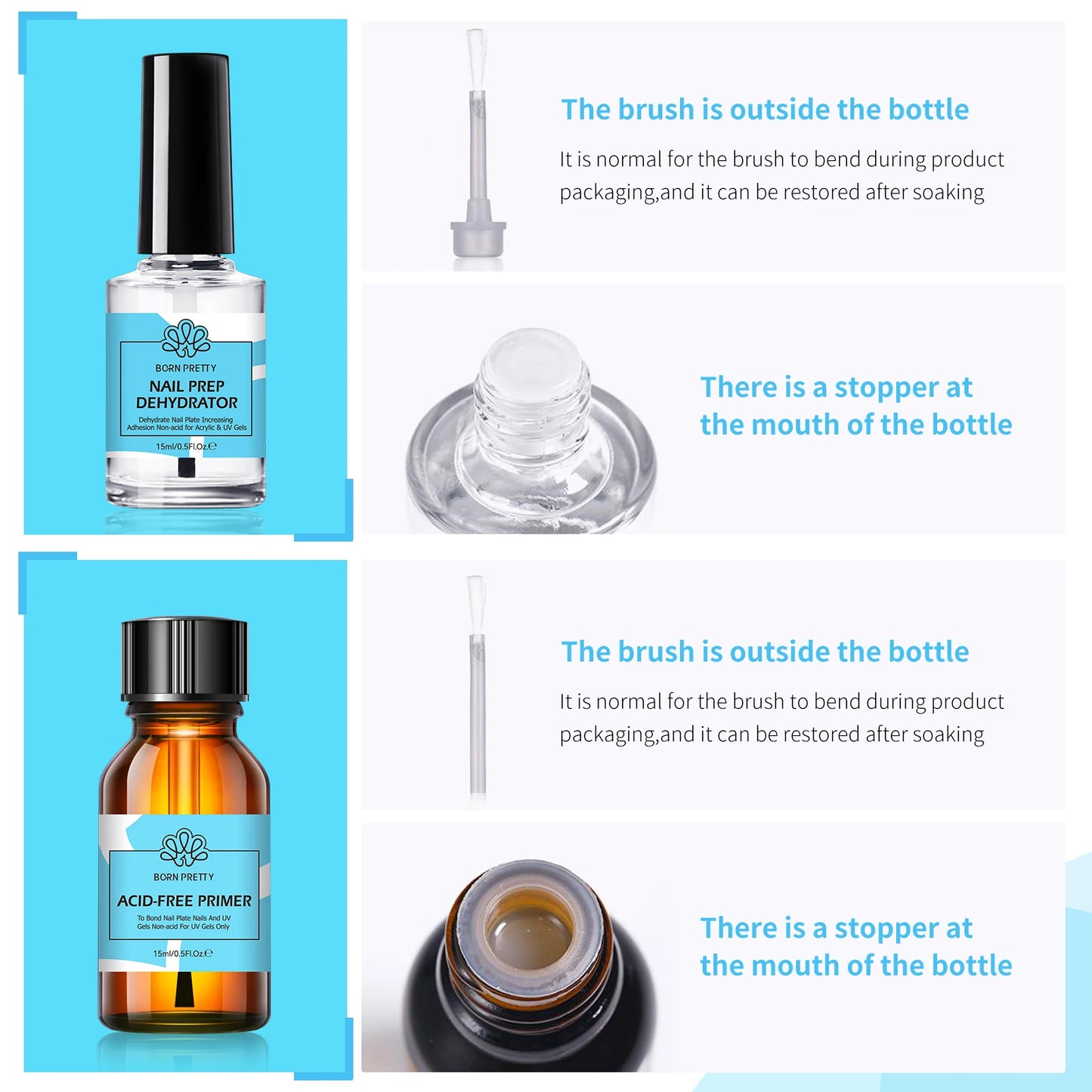 BORN PRETTY 2Pcs 15ml Nail Prep Dehydrator And ACID-FREE Primer Air Dry No Lamp Needed Nail Art Functional Gel Manicure Supplies