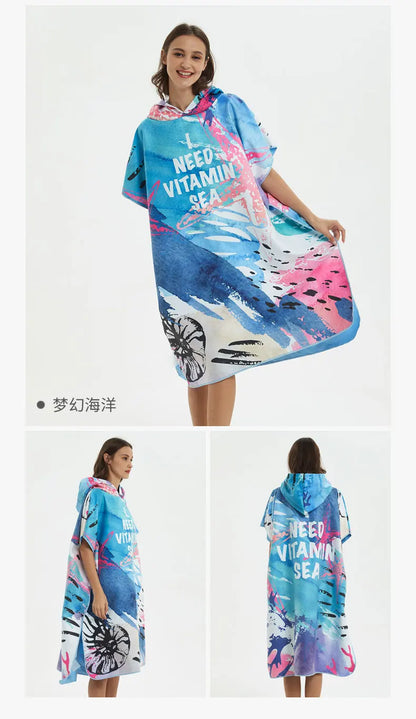 HOTMANGO Microfiber Poncho Towel Surf Beach Wetsuit Changing Towel Bath Robe with Hood,Watersports Activities,Adults Men Women