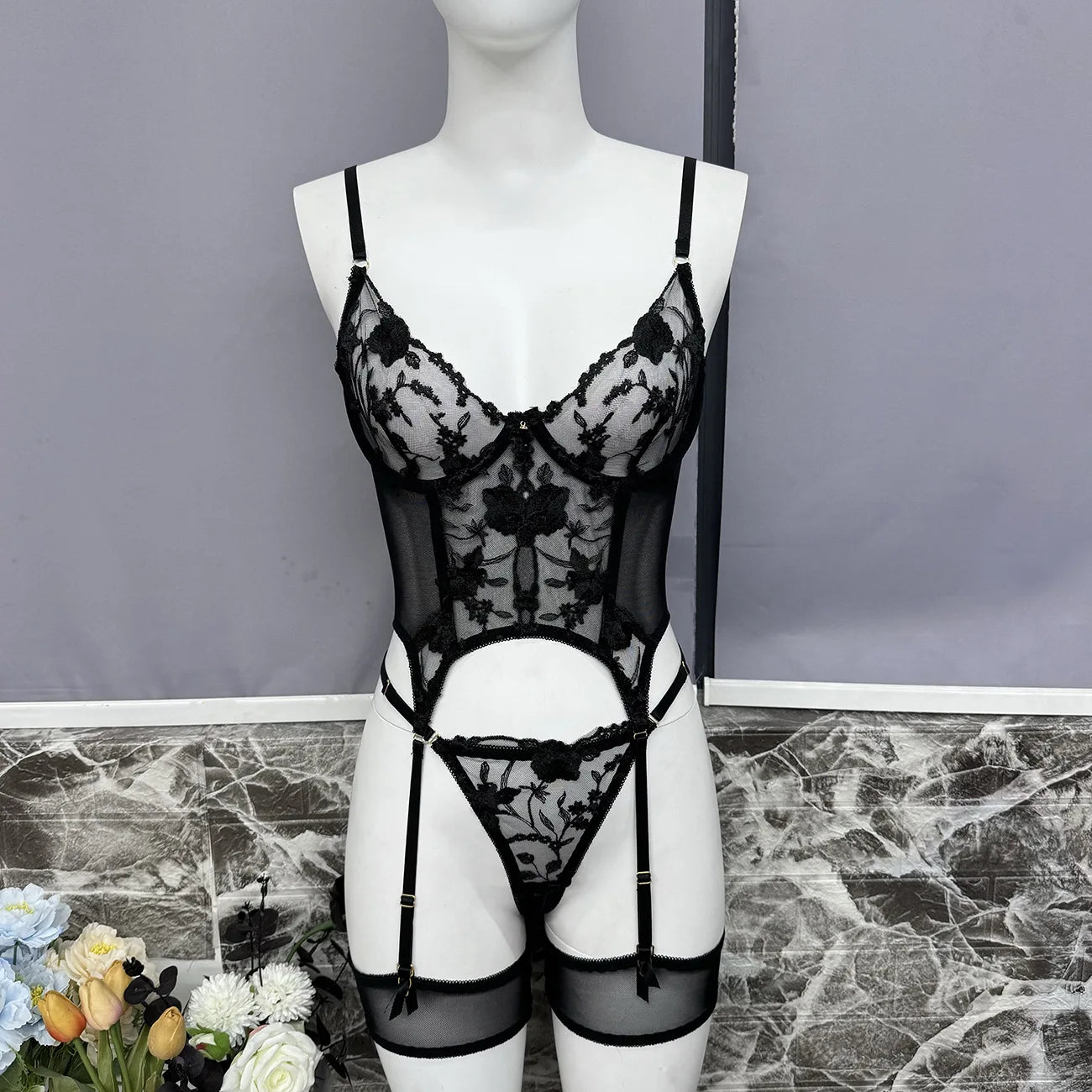 Floral Embroidered Boned Corset Lingerie Set Sheer Mesh Underwire Bustier Garter Straps Waist Cincher Romantic Night Clubwear