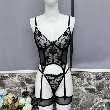 Floral Embroidered Boned Corset Lingerie Set Sheer Mesh Underwire Bustier Garter Straps Waist Cincher Romantic Night Clubwear