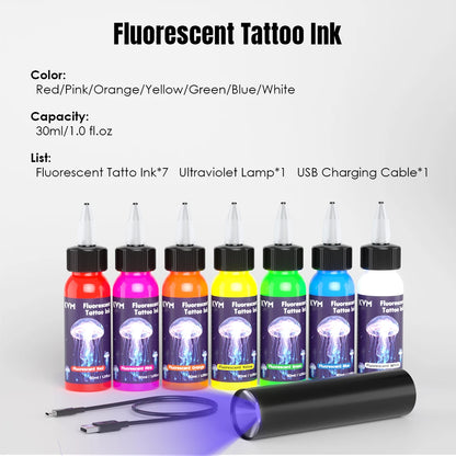 KVM 30ml 7 Color Fluorescent Tattoo Ink Pigment Body Art Ink Equipped with Ultraviolet Light Illumination Lamp Tattoo Supplies