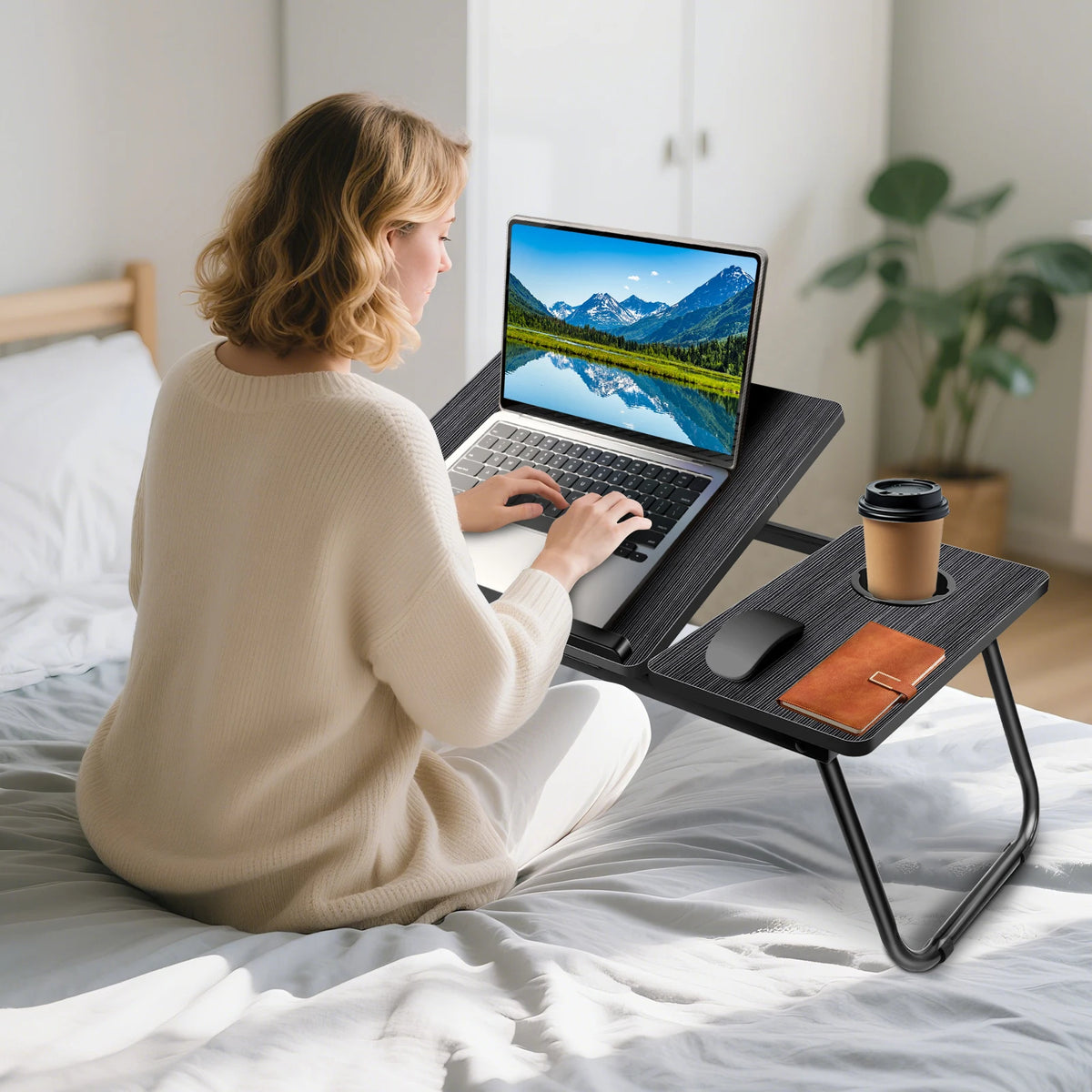 Laptop Table 5-step height adjustable laptop table for bed with folding table legs Cup holder reading stand laptop holder breakfast tray and bookend