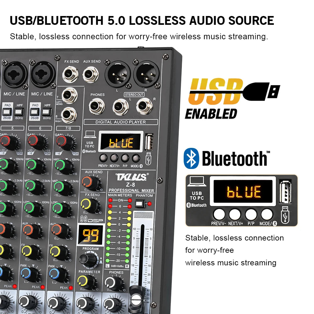 TKLBLS Z8 8 Channel Professional Mixer Bluetooth 48V 12V Battery Powered USB Studio Recording Live Show