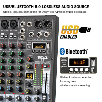 TKLBLS Z8 8 Channel Professional Mixer Bluetooth 48V 12V Battery Powered USB Studio Recording Live Show