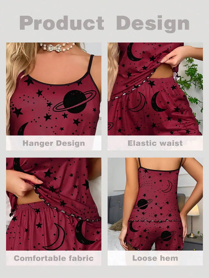 Dam Pyjamas Set – Måne & Stjärnor Print, Camisole & Shorts Backless, Röd XS–1XL