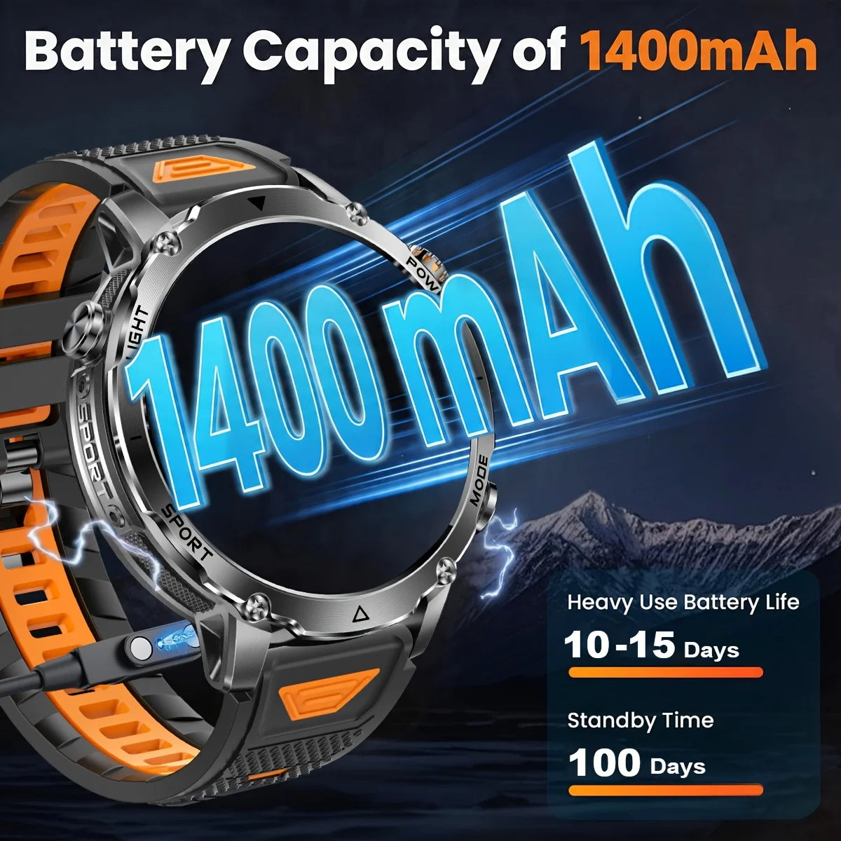 New 1400 mAh Battery Military Smartwatch Men IP68 Waterproof Flashlight Health Monitor Sports Call Smart Watch For iOS Android