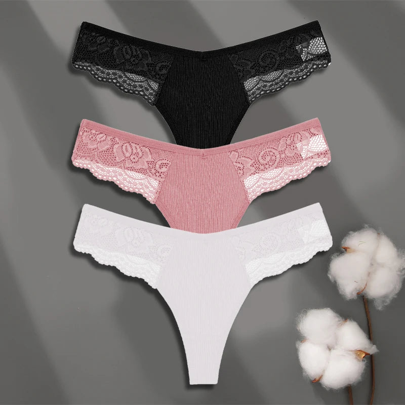 FINETOO 3-pack spetsstring i bomull med låg midja