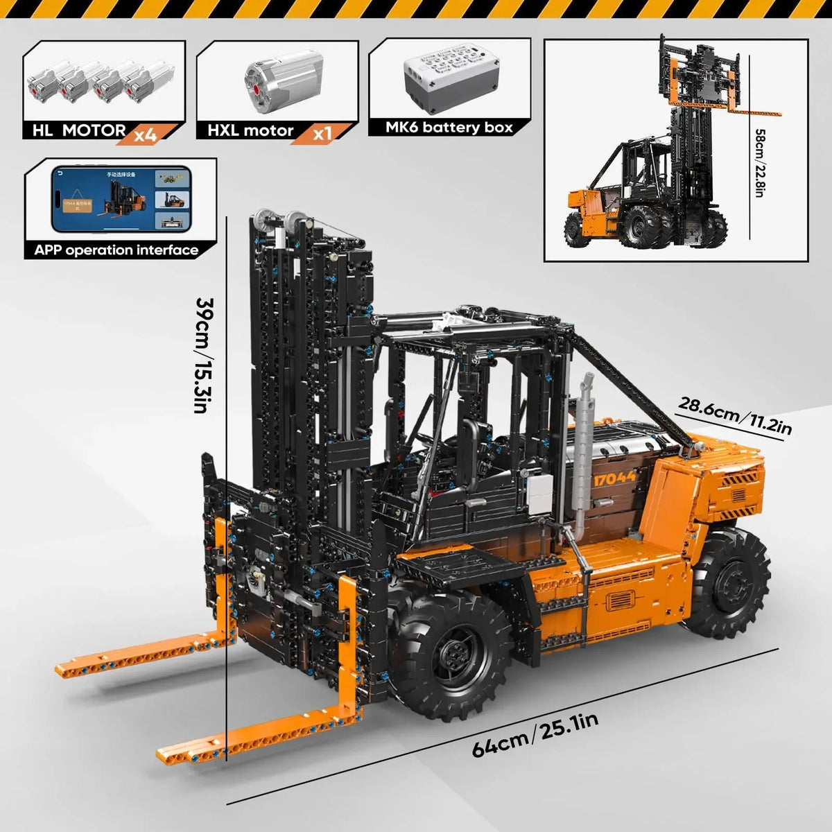Tung gaffeltruck 1:6 med motor byggklossar MouldKing 17044