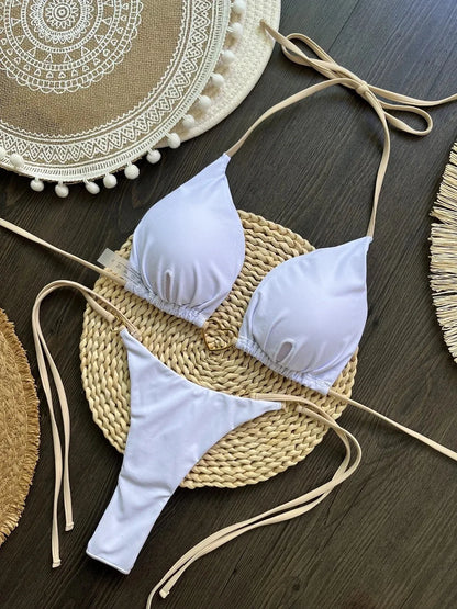 Sexy Halter Solid Color Low Waist Bikini Set Women's Swimsuit Two-piece Triangle Thong Swimwear Bathing Suit Brazilian Biquinis