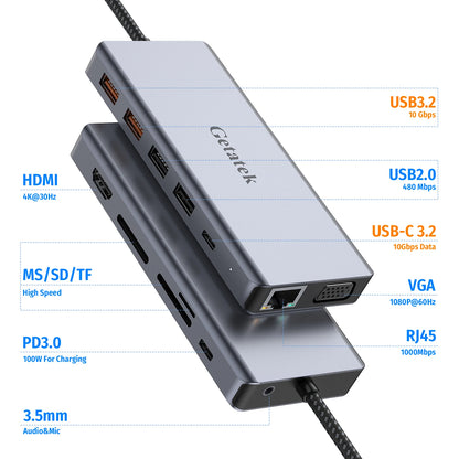 Getatek 13-i-1 USB-C-hubb med HDMI, VGA, RJ45 och kortläsare