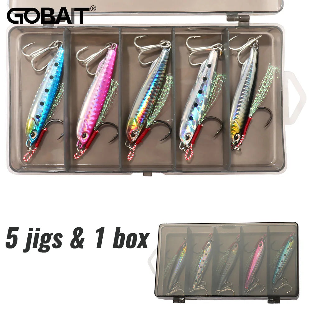 5pcs/box Metal Jig Lures 10g 20g 30g 40g Spinner Sinking Pencil Feather Hook Treble Hooks Pesca Set Fishing Tackle Box Bait Kit