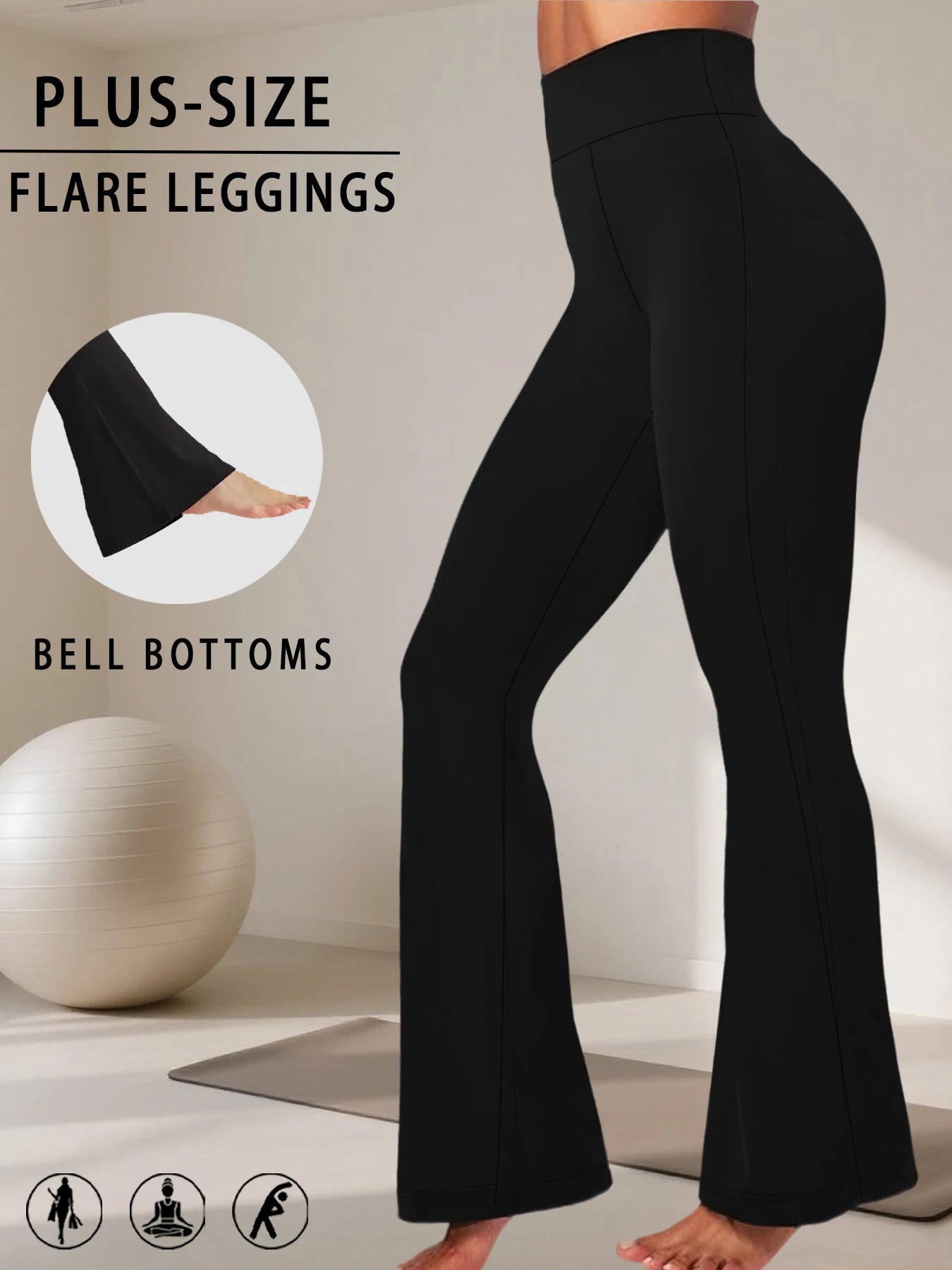 Plus Size Ladies High-Rise Flared Leggings for Yoga and Workout Features Tummy Control and a Stylish Bell-Bottom Design in Sizes