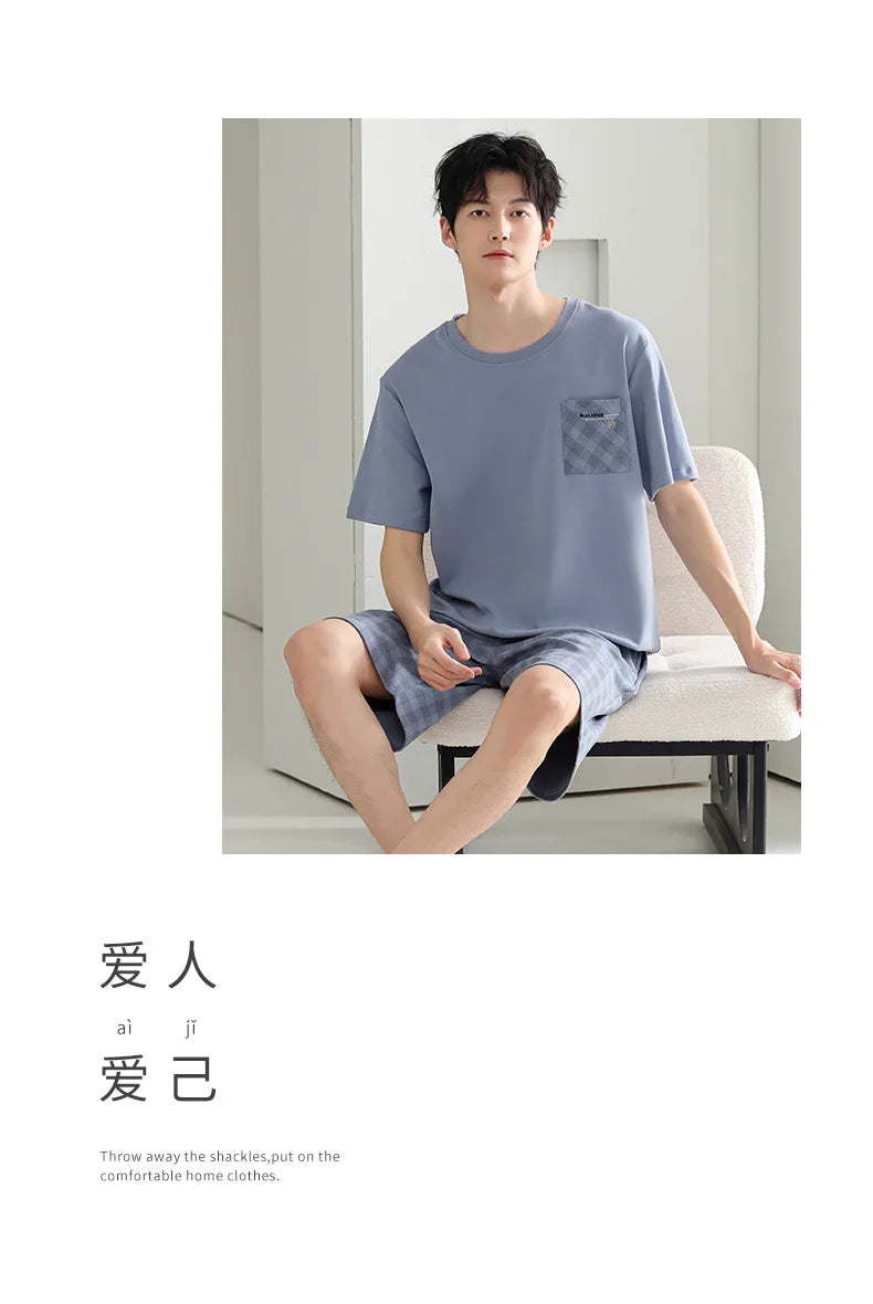 Antibacterial Cotton Pajamas for Men Summer Short Sleeve Shorts Long Pant Three-Piece Set Simple Solid Color Loose Homewear