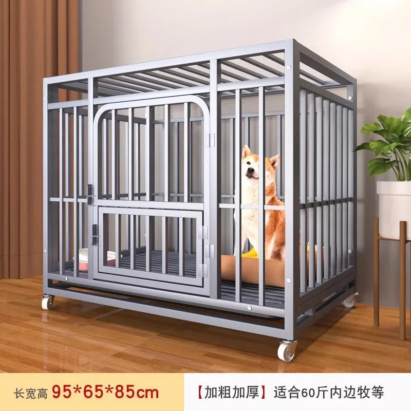 Heavy Duty Square Tube Dog Cage for Medium Large Dogs Indoor Metal Kennel with Toilet Tray Foldable Iron Pet Crate Furniture