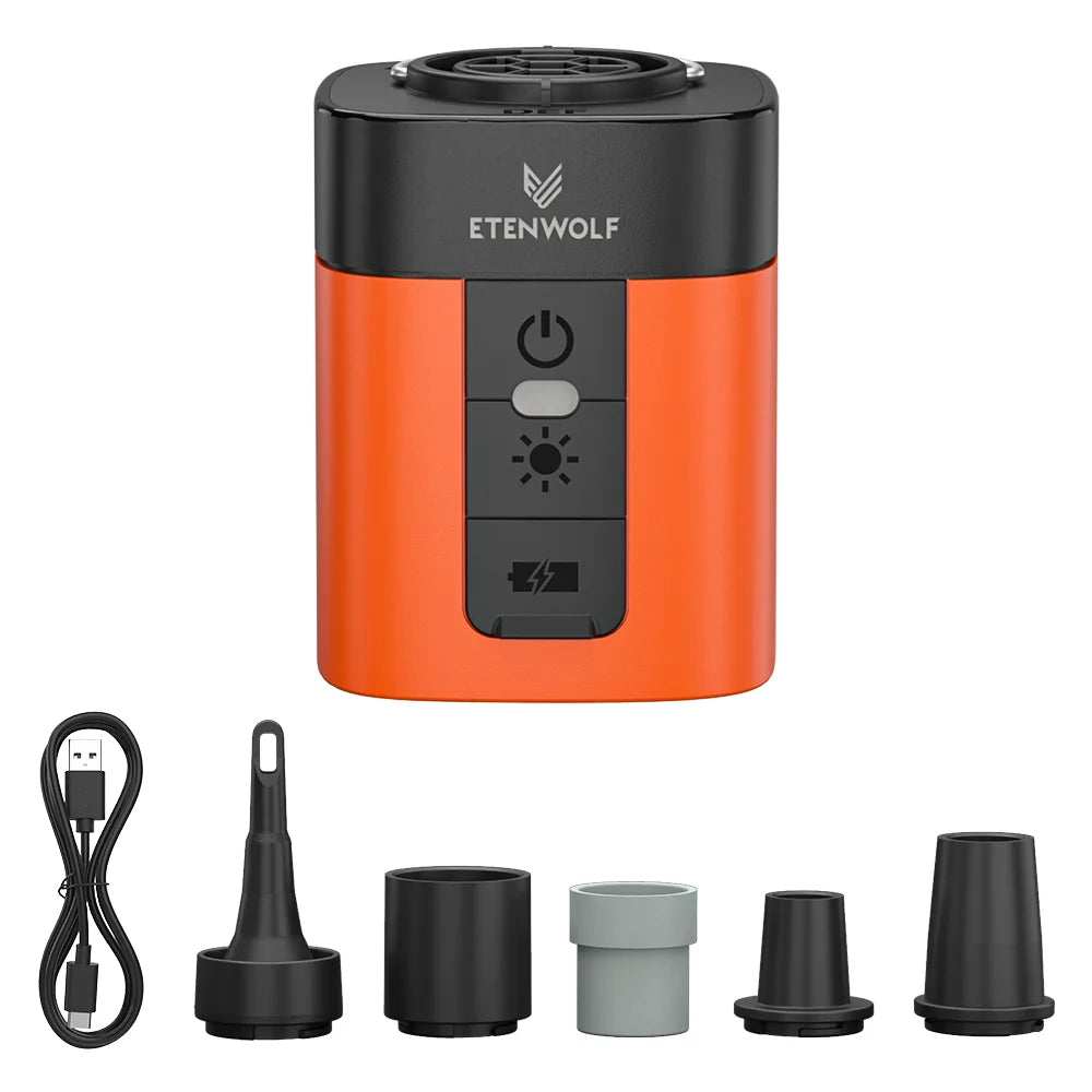 ETENWOLF AIR 3 Mini Elektrisk Luftpump – 2600 mAh, 360 L/min, Campinglampa 600 lm, 5 Munstycken