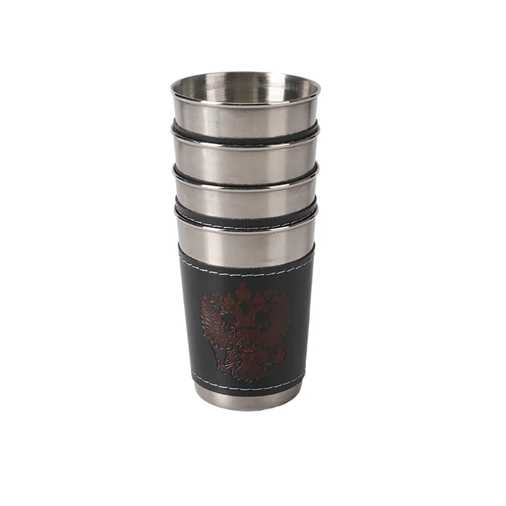 Rostfria Campingkoppar 4-pack med Läderfodral – 30/70/170ml, Kaffe, Vin & Whisky, Friluftsliv