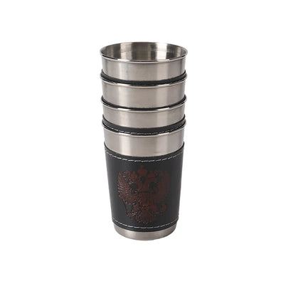 Rostfria Campingkoppar 4-pack med Läderfodral – 30/70/170ml, Kaffe, Vin & Whisky, Friluftsliv