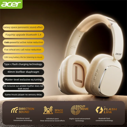 Acer OHR525 Bluetooth Headset ANC – Aktiv Brusreducering -48dB ENC 128h Batteritid 1000mAh USB-C Hopfällbar CE Beige Svart