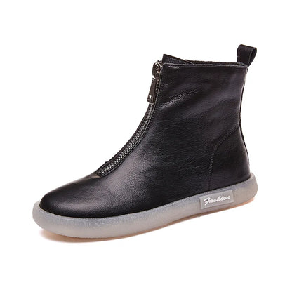 ZXRYXGS British Style Front Zipper Genuine Leather Boots Flat Sneakers 2026 Temperament Trend Autumn Winter Boots Black White