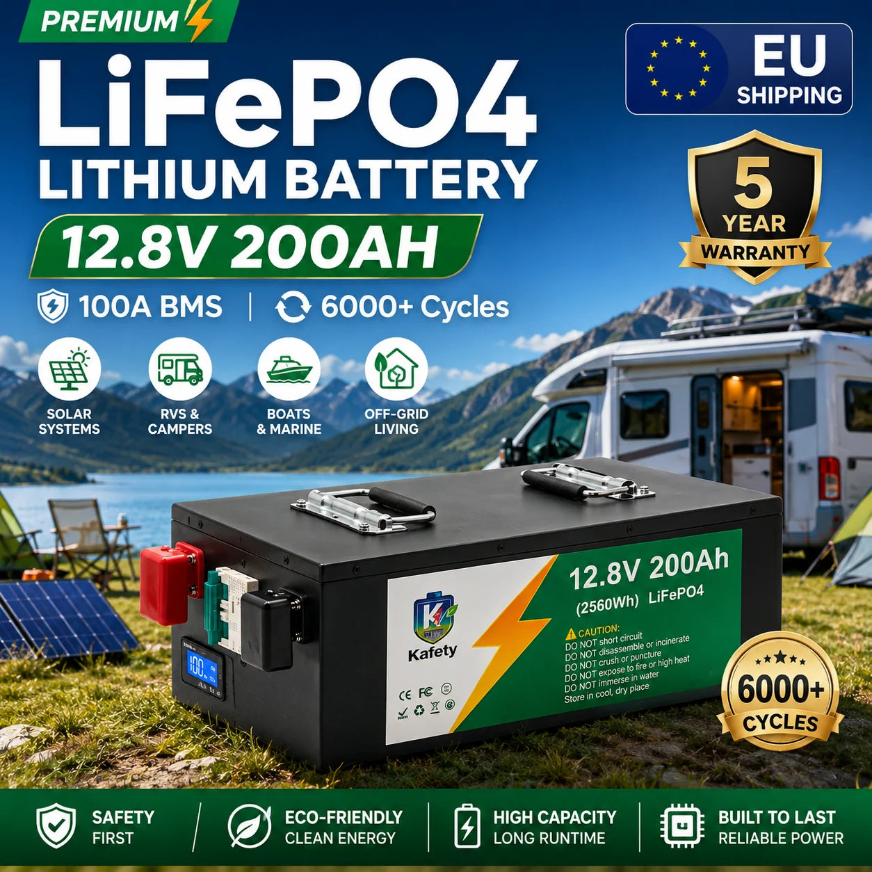 Easun LiFePO4 Batteri 12V 200Ah 2560Wh – Grade A-celler, 4S 100A BMS, >6000 Cykler, Parallellkopplingsbar, IP5X, ca 21kg, Husbil/Båt/Sol/Off-Grid, EU-frakt