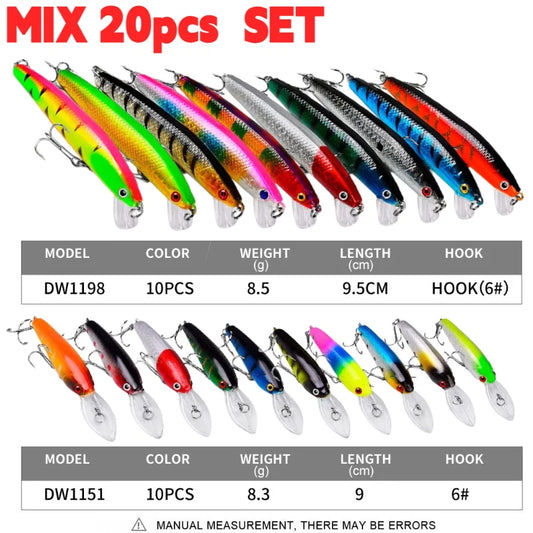 20PCS/Set Long Short Lip Minnow Lures Kit Crankbait Wobbler Bionic Bait for Pike Bass Sea Trout Freshwater Saltwater Pesca
