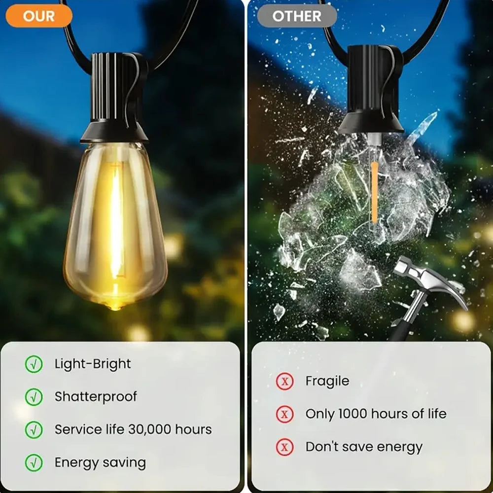 Utomhus Ljusslinga – ST38 Edison LED, Varmvit 2200K, Okrossbar, Vattentålig, 60FT/100FT, EU-kontakt