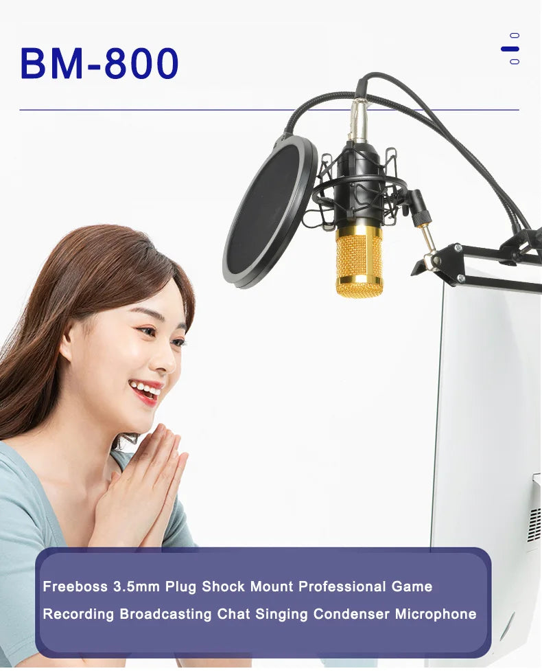 Freeboss BM-800 Kondensatormikrofon-kit med arm och stöttålig fäste för dator
