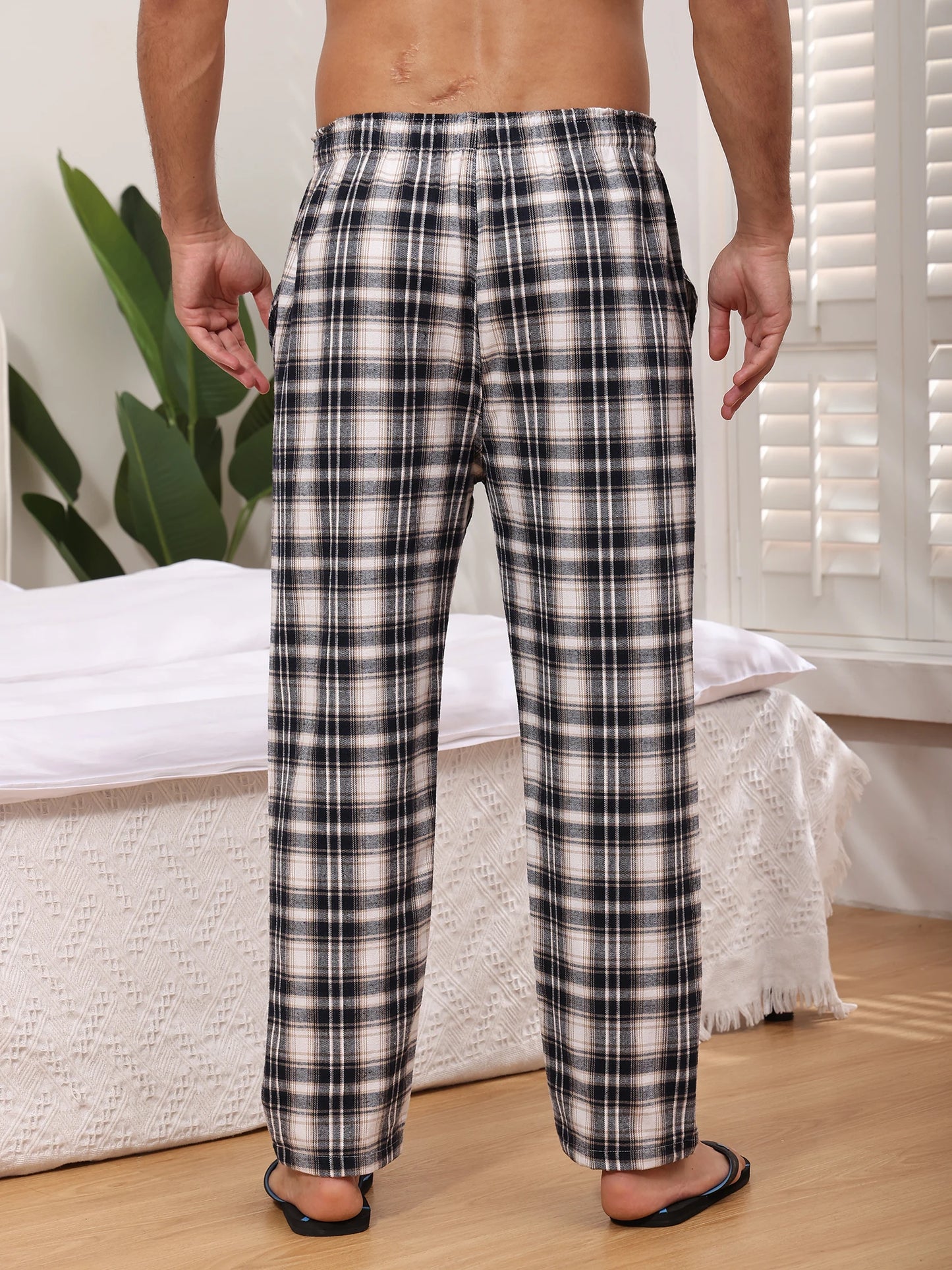 Men's 3Pcs Pajama Sleeping Pants Cotton Plaid Pjs, Long Plaid Print Sleepwear Pajama Pants with Elastic Waist Homewear