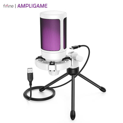 AmpliGame RGB USB Gaming Microphone with Light-touch Mute,Condenser Mic with Tripod for PC,PS4/5,Laptop Streaming Podcasting -A2