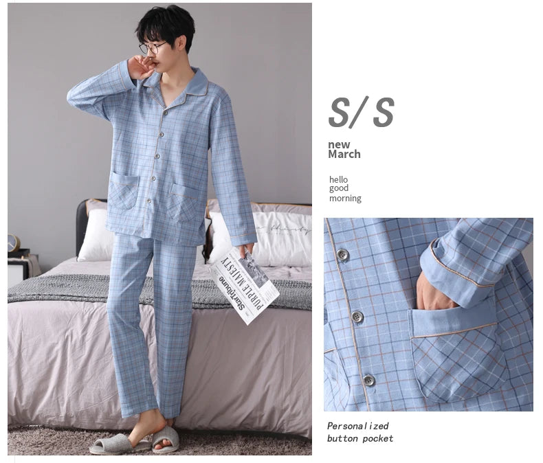 MiiOW Herr Pyjamas Set Vinter – Bomull Långärmad Rutig Grå Krage Plus Size, 8 Färger M–XXXL