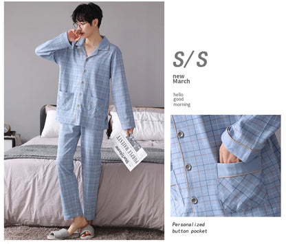 MiiOW Herr Pyjamas Set Vinter – Bomull Långärmad Rutig Grå Krage Plus Size, 8 Färger M–XXXL