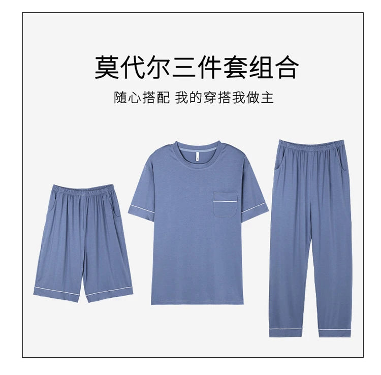 Plus Size L-5XL Modal Men's Pijamas Set Summer Soft Nightwear 3 Pieces Set Pajamas Short Sleep Tops & Shorts & Long Pant Hombre