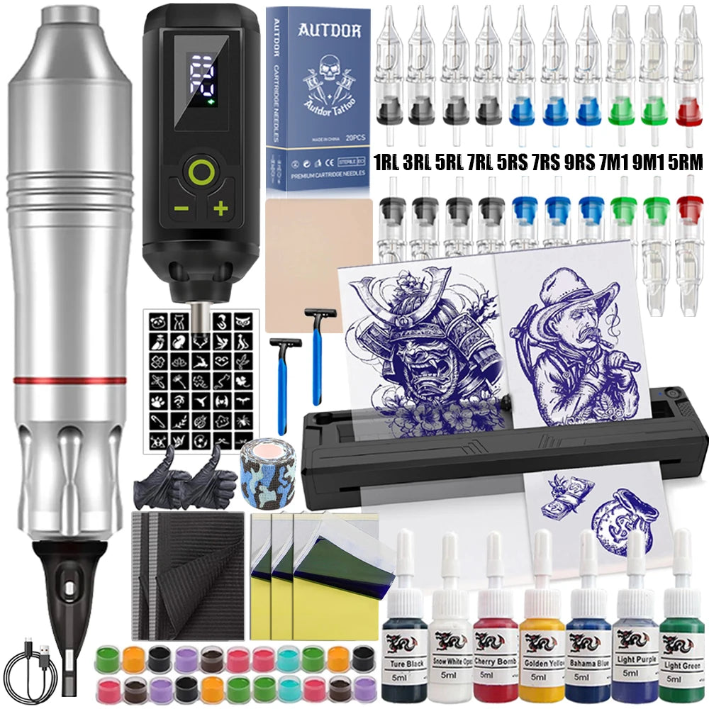 Tattoo Pen Machine Kit Tattoo Machine Pen Set with Wireless Power Supply Cartridge Needle Tattoo Accessories for Tattoo Beginner