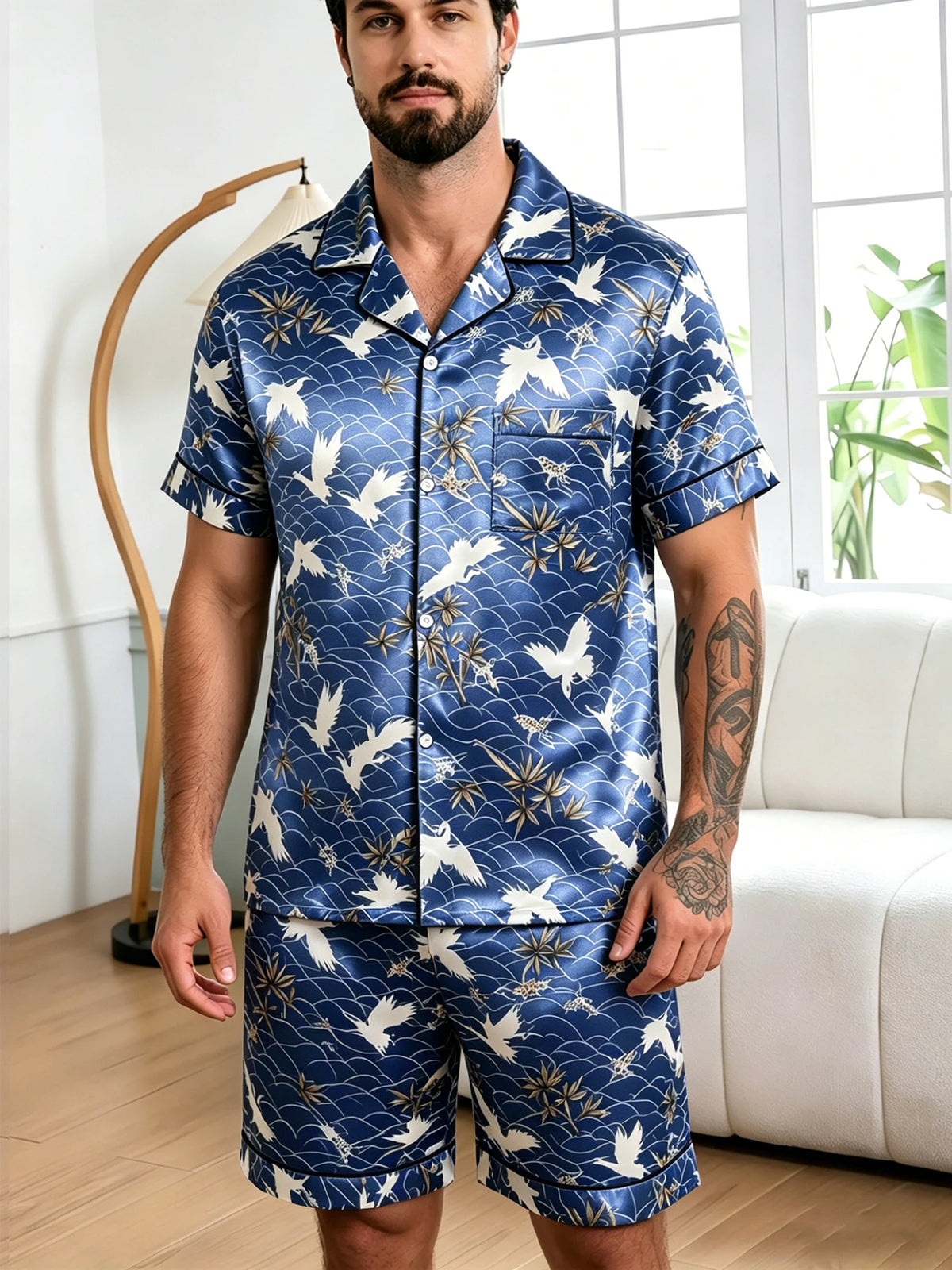 HZOIOYS randigt pyjamasset herr med satinkänsla – kortärmat, S–1XL