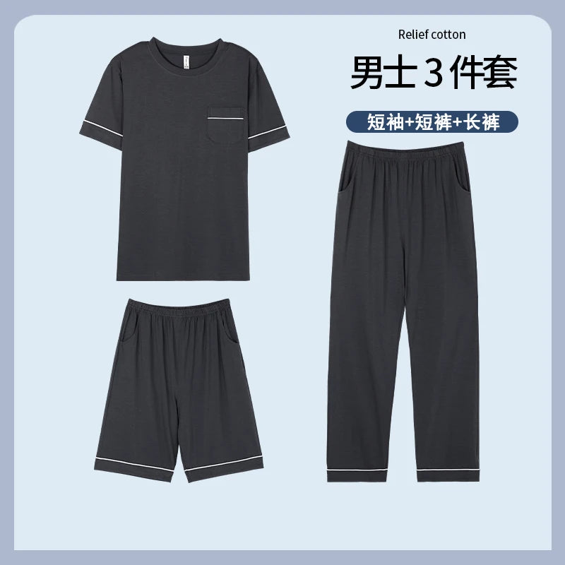 Plus Size L-5XL Modal Men's Pijamas Set Summer Soft Nightwear 3 Pieces Set Pajamas Short Sleep Tops & Shorts & Long Pant Hombre