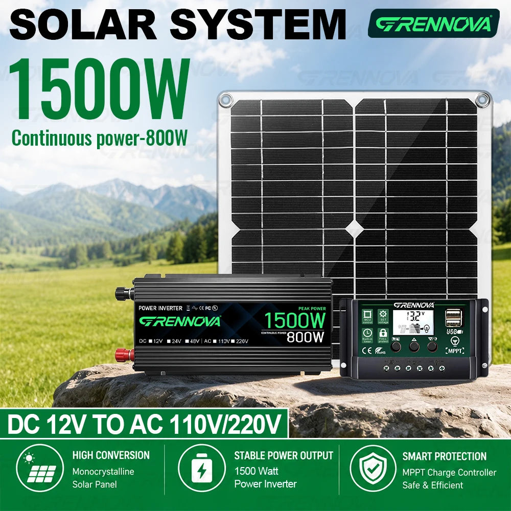 Grennova Solkraftsystem – Ren Sinusvåg 750W/1500W + 30W Solpanel + 60A MPPT 12V 110V/220V Bil Husbil Hem CE