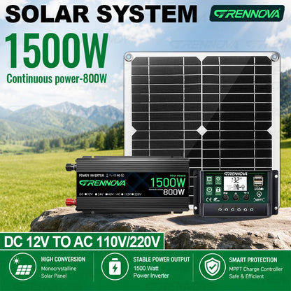 Grennova Solkraftsystem – Ren Sinusvåg 750W/1500W + 30W Solpanel + 60A MPPT 12V 110V/220V Bil Husbil Hem CE