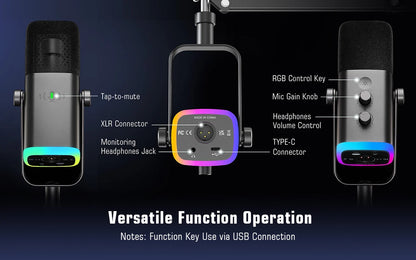 FIFINE XLR/USB Gaming Microphone Kit with Headphone Jack/Mute/RGB /Arm Stand,Dynamic Mic Set for PC PS5/4 Mixer AmpliGame AM8T
