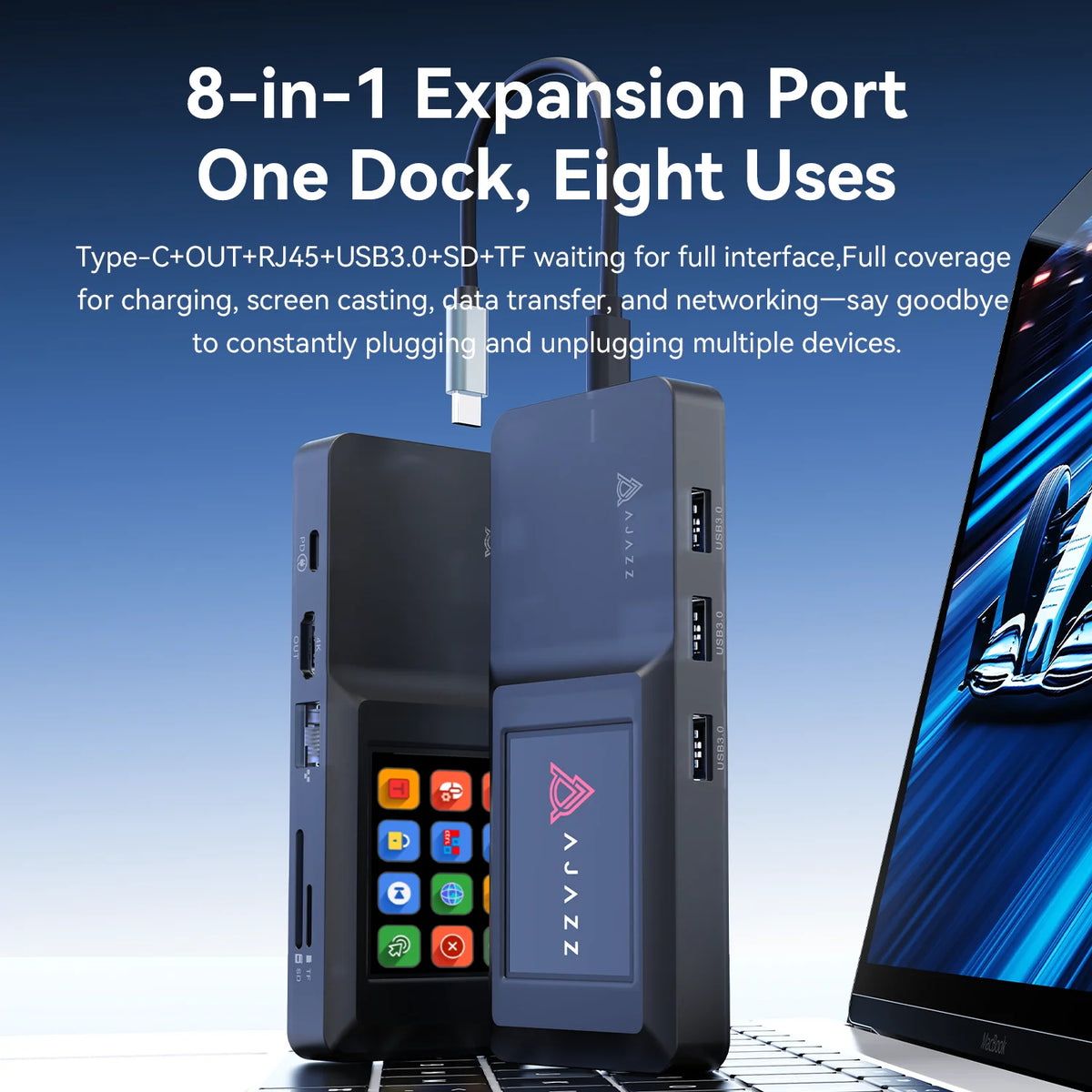 AJAZZ AKP01E USB-C-dockningsstation 8-i-1 med skärm och kortläsare