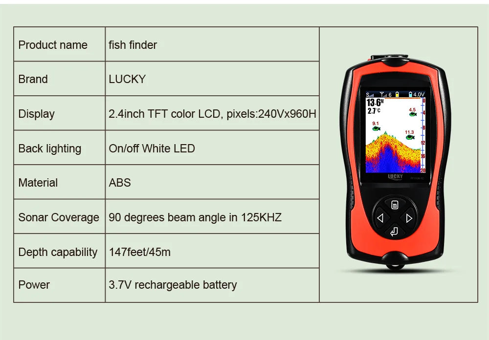 LUCKY FF1108-1CWLA Sonar Fish Finder Portable Wireless Rechargeable Echo Sounder 45M Water Depth Sensor for Fishing