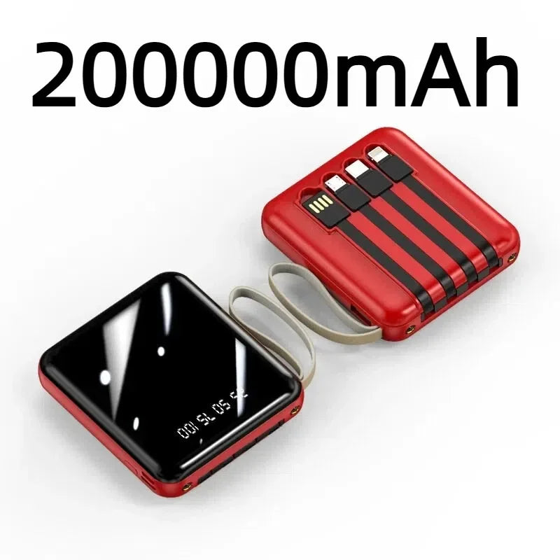 VIVO Mini Powerbank med 4 Inbyggda Kablar – Snabbladdning LED-display Dual USB Svart Vit Röd 50000/100000/200000mAh