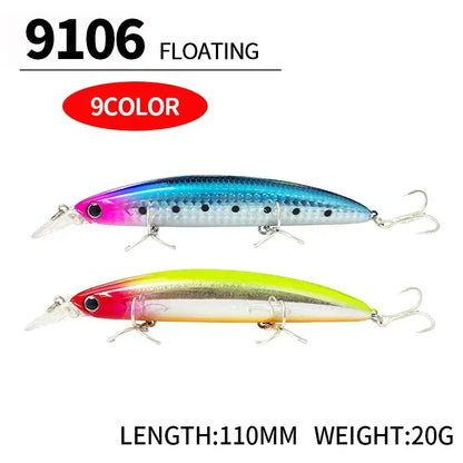 Floating Minnow Fishing Lures 110MM 20g Sea Ocean Beach Fishing Artificial Hard Bait Fishing Tackle for Bass Pike Perch Pesca